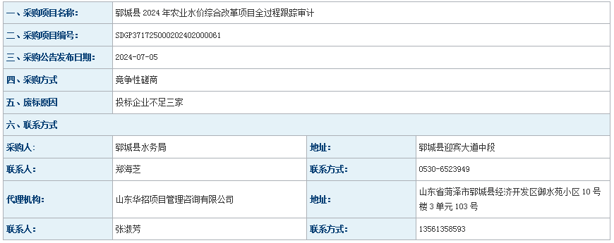 鄆城縣水務(wù)局鄆城縣2024年農(nóng)業(yè)水價綜合改革項目廢標(biāo)公告