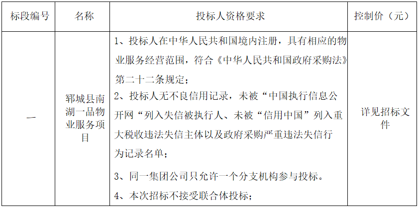 鄆城縣南湖一品物業(yè)服務(wù)項(xiàng)目 招標(biāo)公告